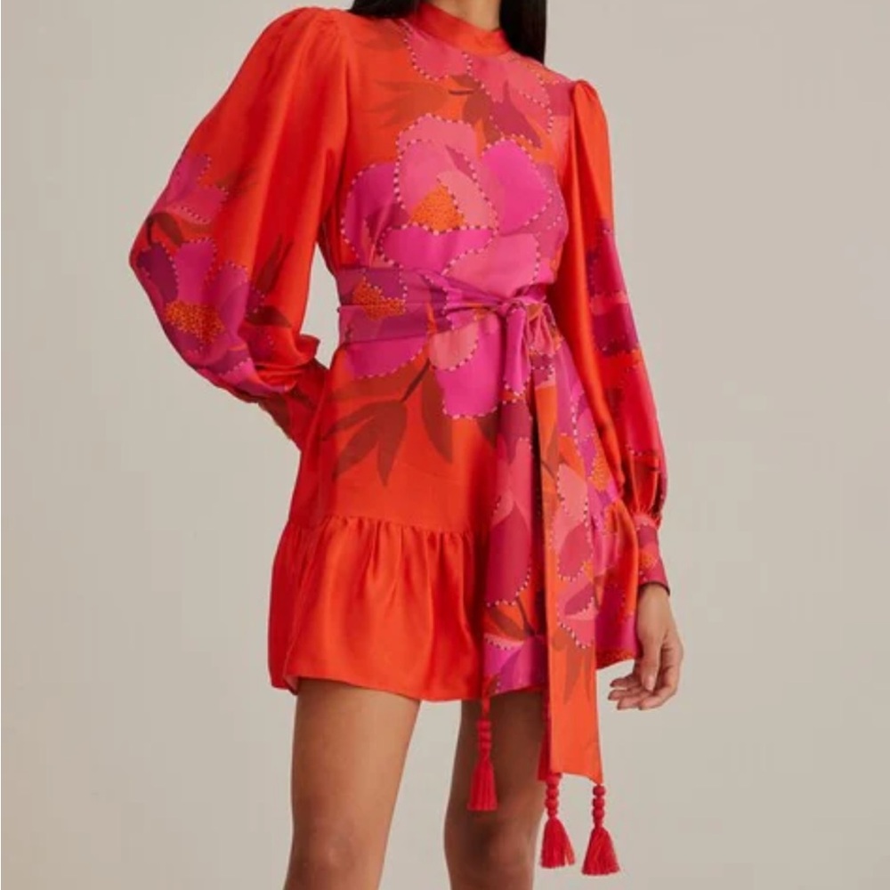 Farm Rio Peony Long Sleeve Tie Waist Mini dress